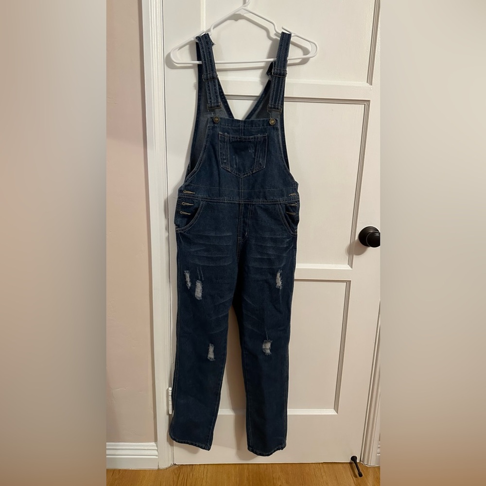 Dark Blue Women XL Distress Overall Long Jean